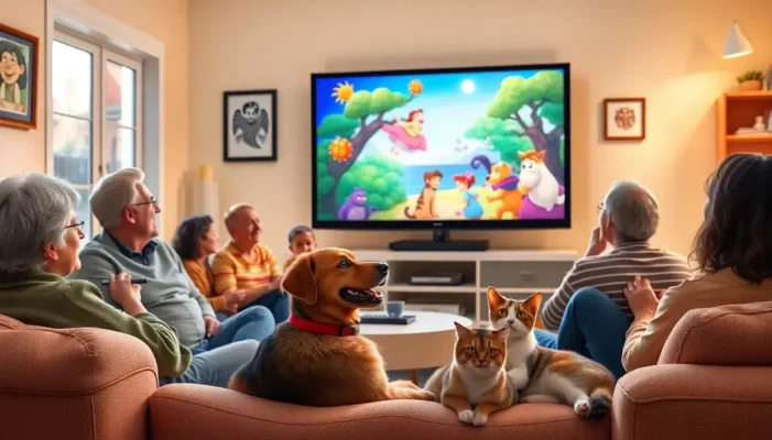 A warm domestic scene where adults and pets watch an animated movie, showcasing communal enjoyment.