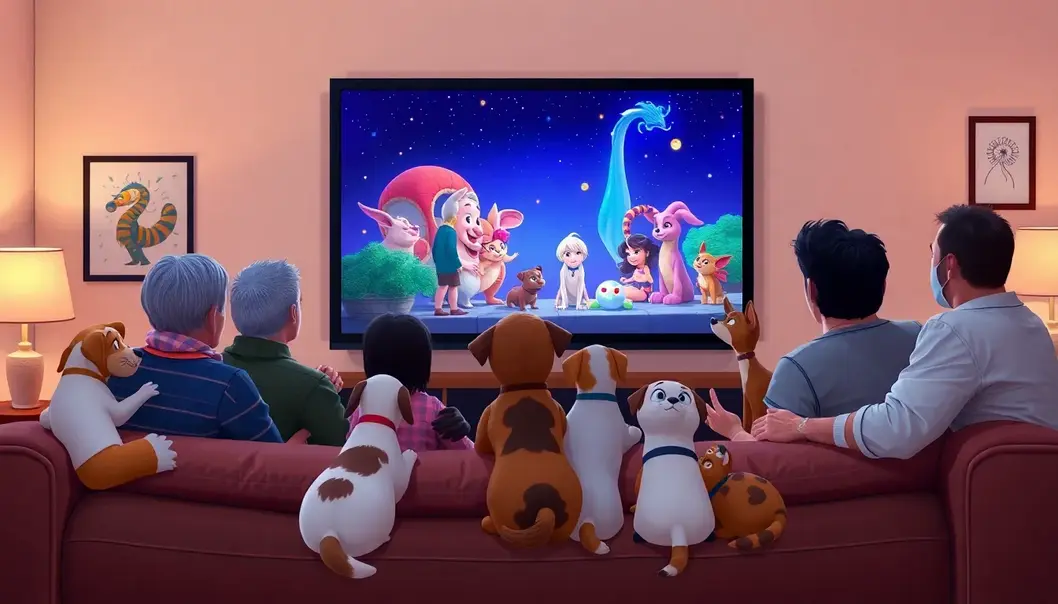 Adults with pets emotionally engaged in an animated movie.