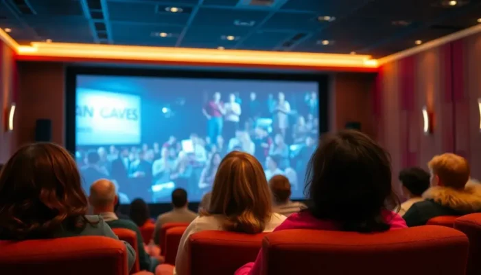 Audience members of various sizes, including plus-size, watching a movie in a cinema.