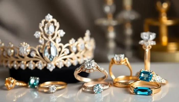 A collection of various luxurious jewelry pieces including tiaras and engagement rings.