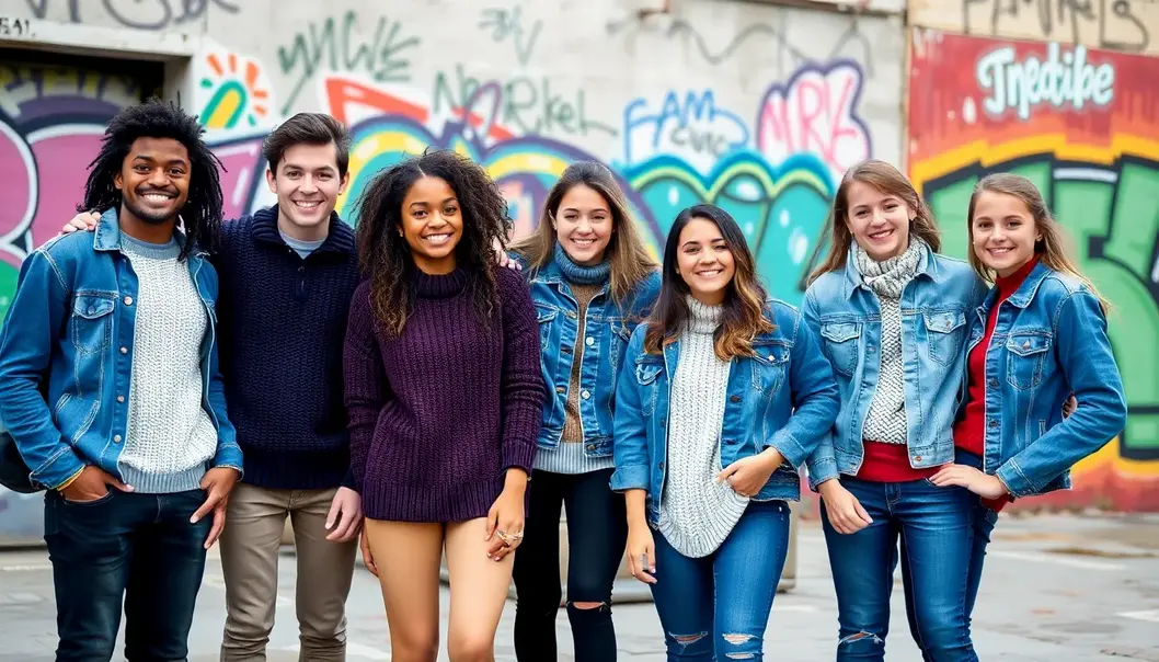 Teens rocking stylish knitwear and denim in an urban setting.