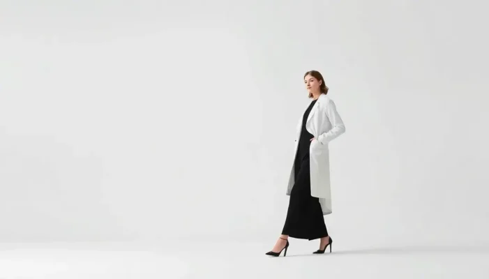 Figure wearing minimalist fashion outfit against a simple backdrop.