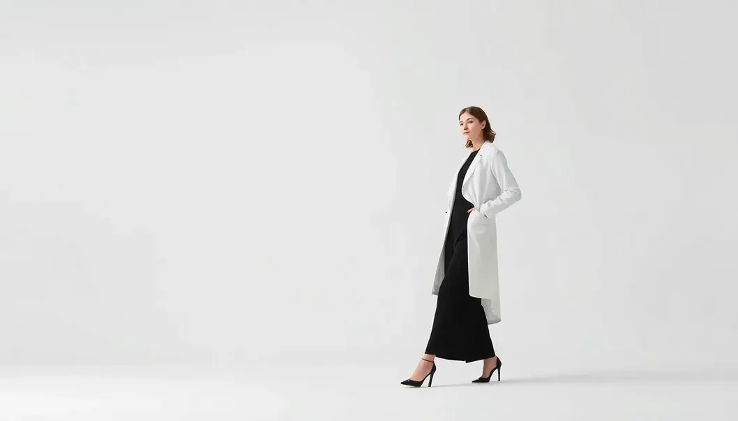 Figure wearing minimalist fashion outfit against a simple backdrop.