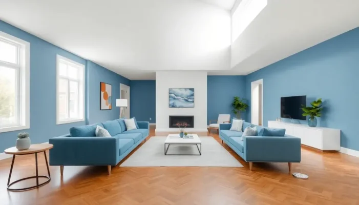Open-plan interior with blues and neutrals creating a calming atmosphere.