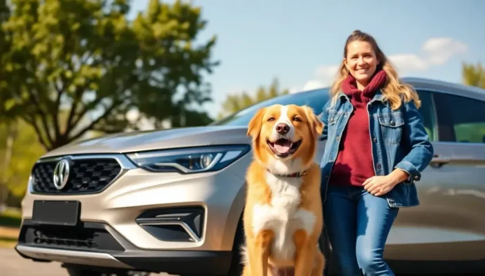 Pet owner and dog standing beside a new car, symbolizing comfort and companionship in their automotive choice.