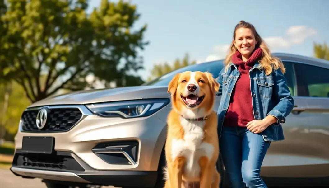 Pet owner and dog standing beside a new car, symbolizing comfort and companionship in their automotive choice.