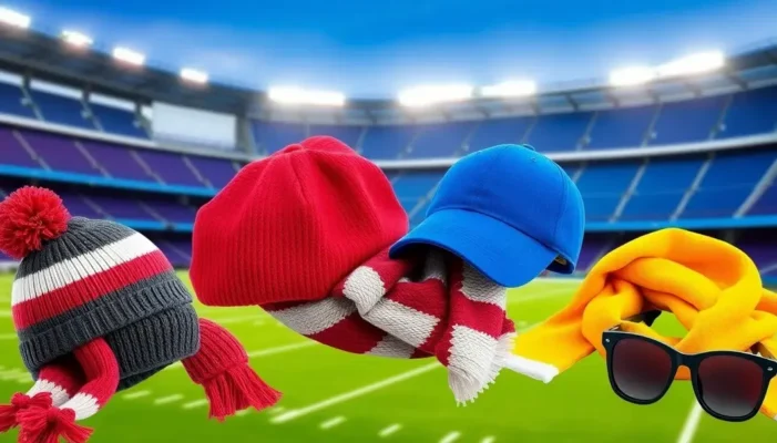 Collage of seasonal sports accessories with a stadium backdrop in different seasonal colors.