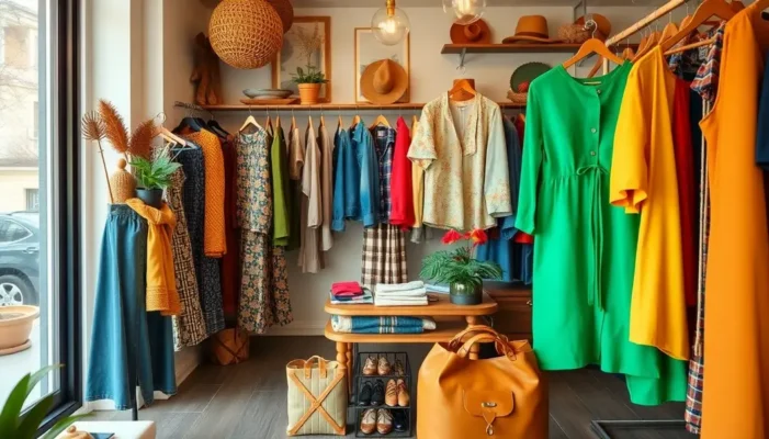 Interior of a boutique with vintage and eco-friendly clothing on display.